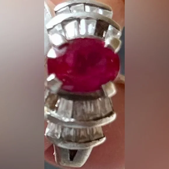 VINTAGE 825 THAI RUBY WHITE GOLDDIAMOND BAGUETTESRING Size 6.75